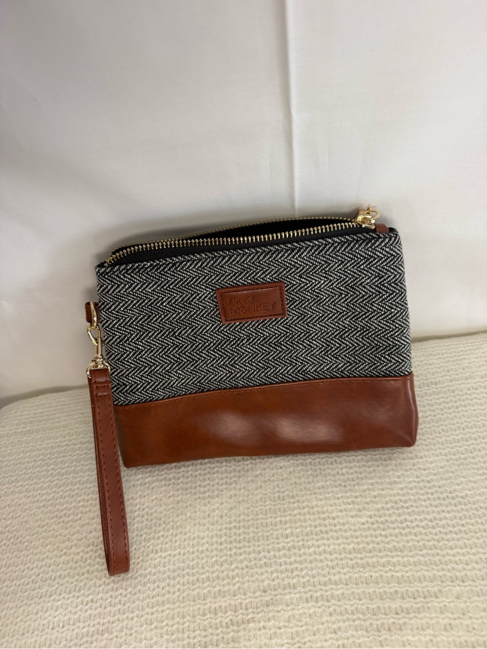 Punch Studio Black & White Herringbone Wristlet with Brown Trim